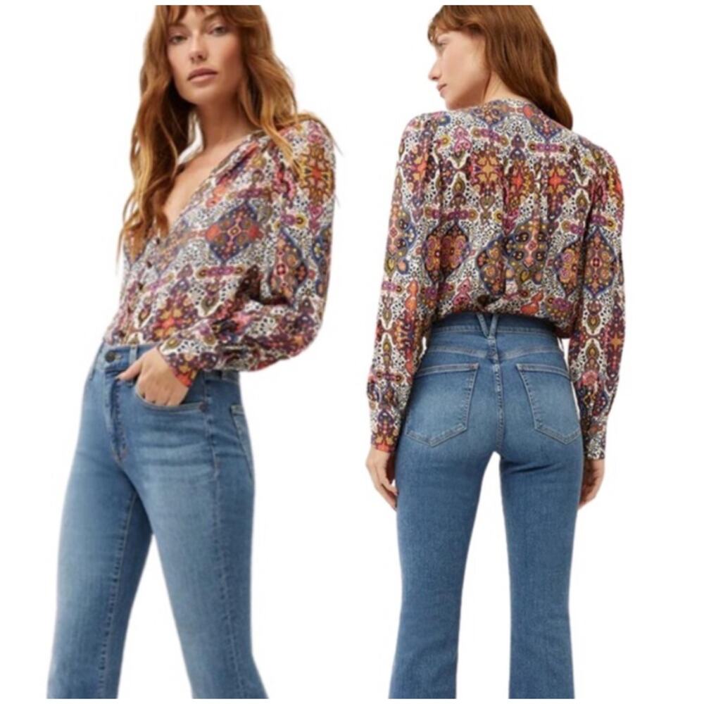 Veronica Beard NWT Sura Tapestry Blouse Size 0 Pleated Shoulder Long Sleeve Boho